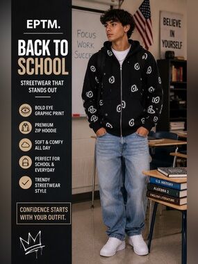 🚌📚EPTM Black Graphic Zip Hoodie Size M | Streetwear Eye Print✏️🏫